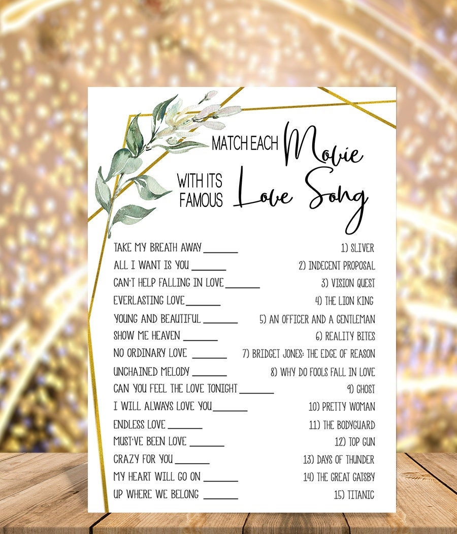 Match the Love Song Game Bridal Shower Activity Game Etsy