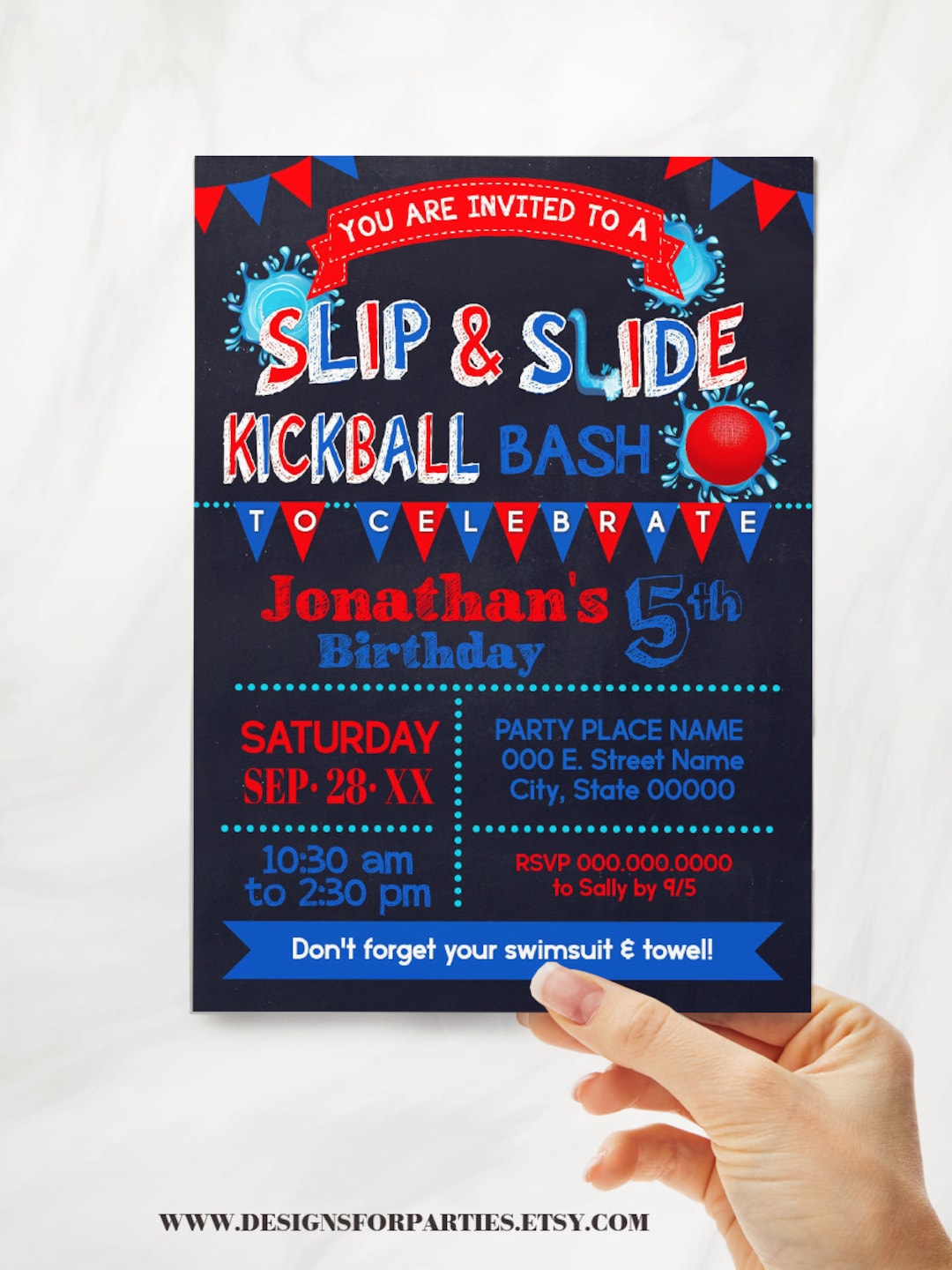 Slip & Slide Kickball Summer Birthday Bash Invitation Children Red