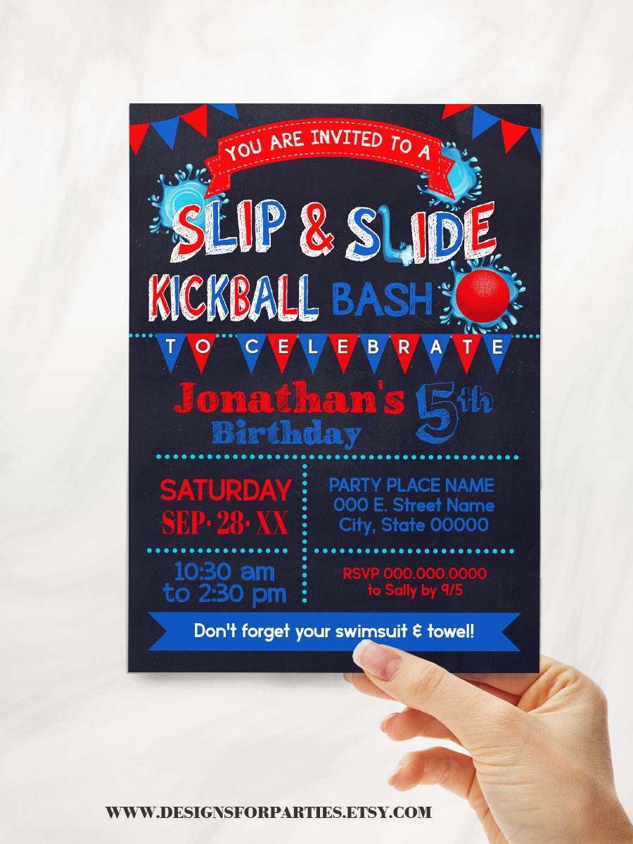 Slip Slide Kickball Summer Birthday Bash Invitation Children Etsy France