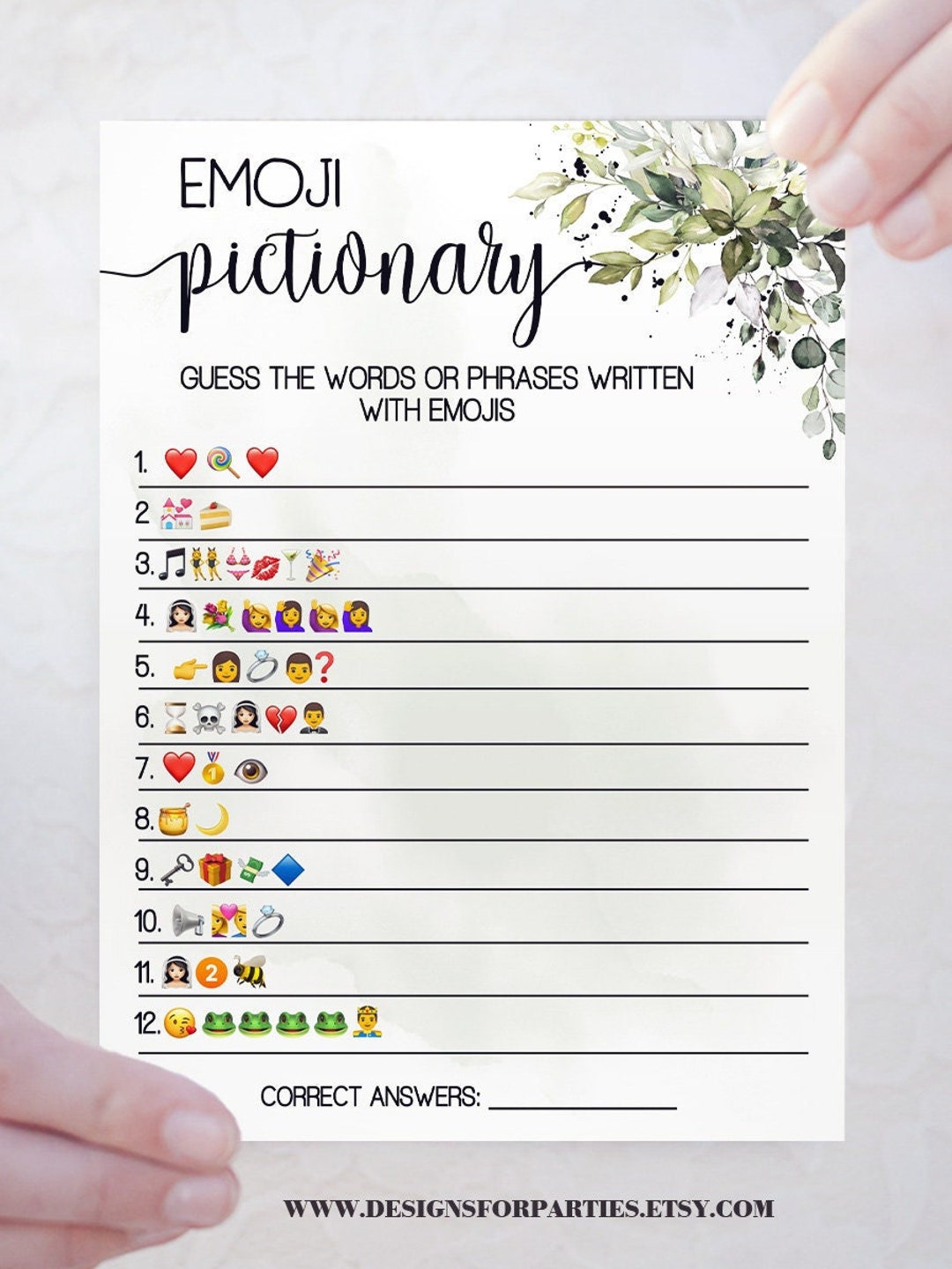 Emoji Pictionary Game Bridal Shower Activity Game Greenery Eucalyptus Wedding Shower Games Ready