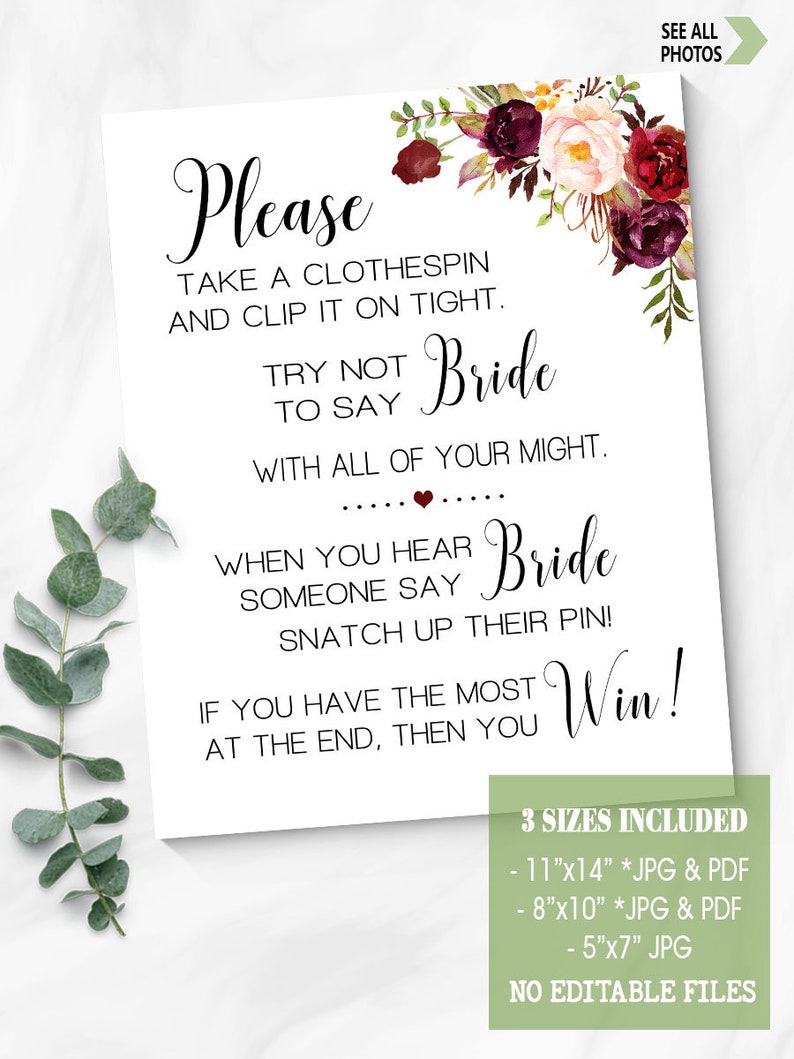 Clothespin game bridal shower don't say bride or wedding Etsy