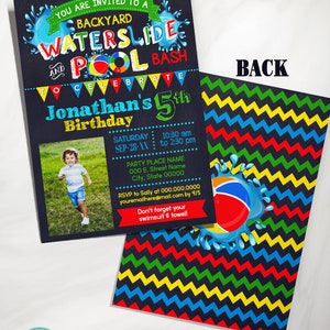 Waterslide Pool Summer backyard Water Bash invitation children chalkboard primary colors photo invite self editable with Corjl P136-210 image 2