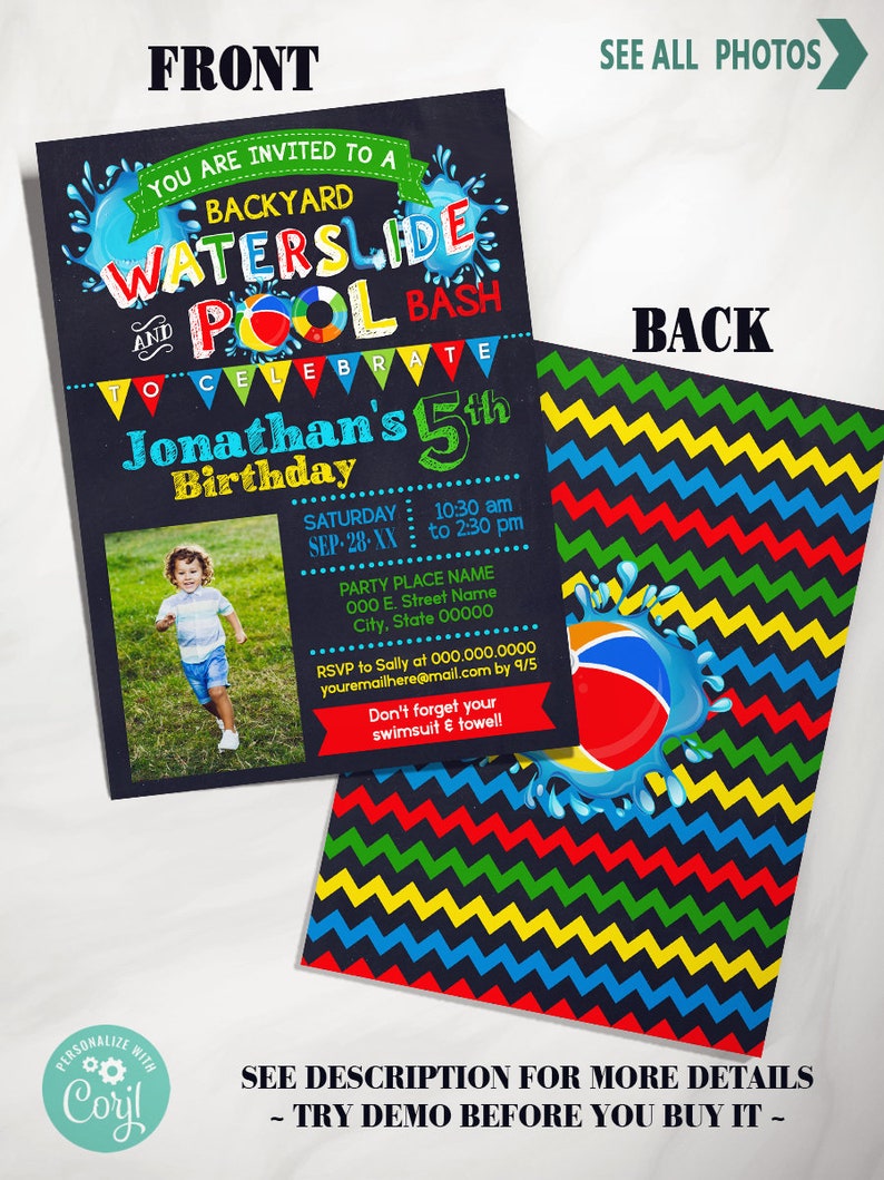 Waterslide Pool Summer backyard Water Bash invitation children chalkboard primary colors photo invite self editable with Corjl P136-210 image 2