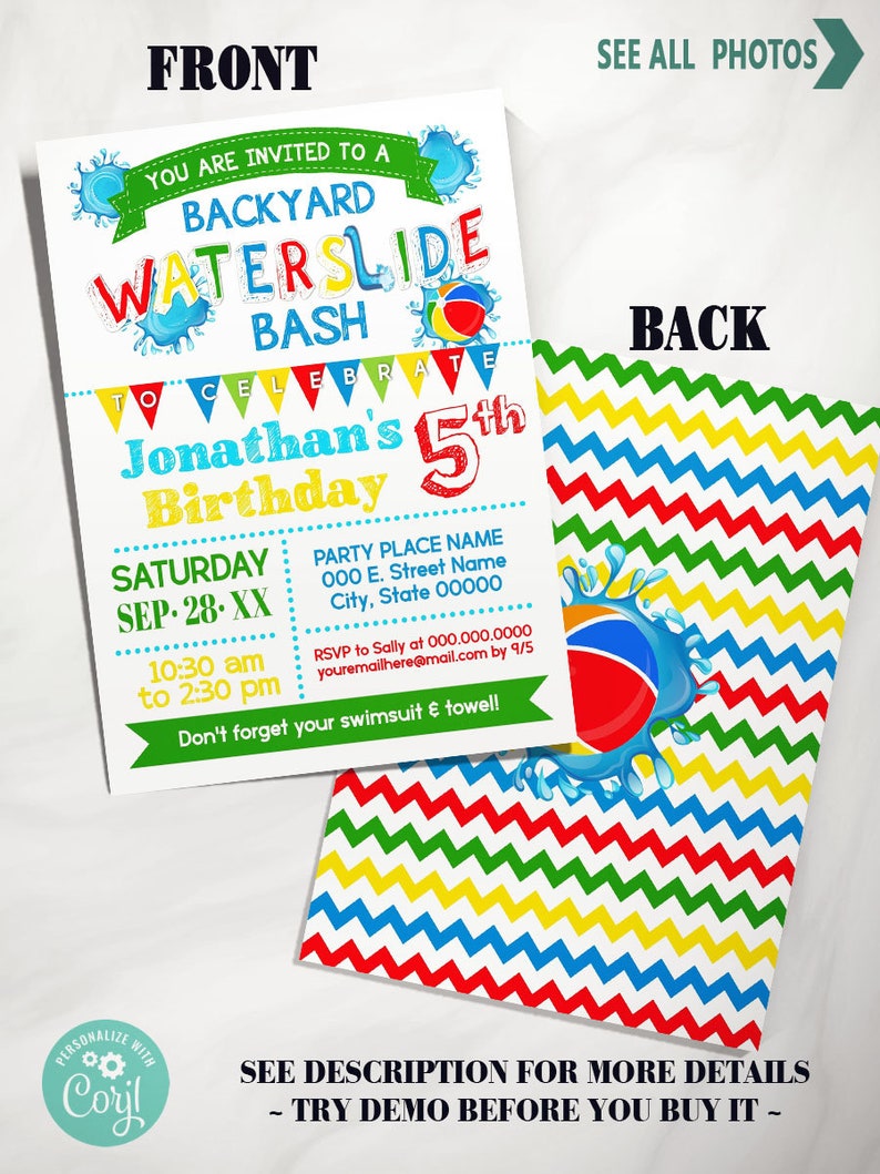 Waterslide summer backyard bash invitation summer water bash children invite self editable with Corjl P120-210 image 2