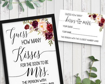 How many kisses for the soon to be Mrs, bridal shower game guess how many kisses marsala boho chic Ready to Print No Editable 27-GW108