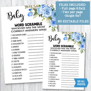 Blue Floral Baby Word Scramble Baby Shower Game Blue Flowers Boho ...