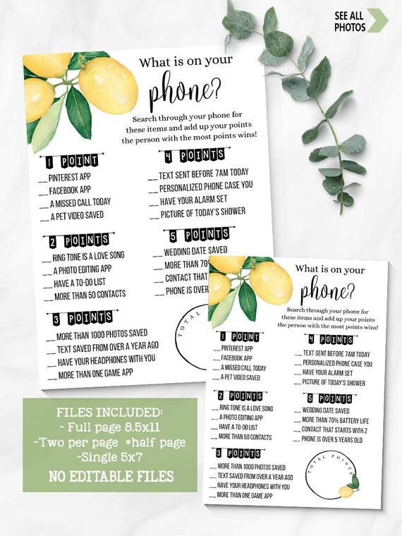 What is on Your Phone Game Bridal Shower Activity Game Citrus