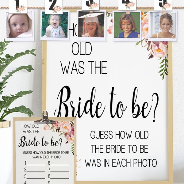 How old was Bride game guess her age bridal shower activity game pink boho chic wedding shower Ready to Print No Editable 08-GW103