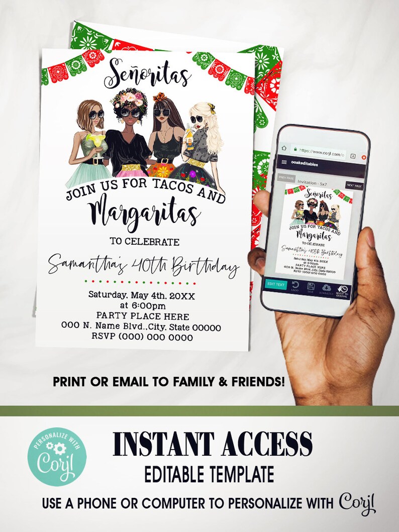Margaritas Fiesta Girls Night Out Birthday Invitation Lets | Etsy