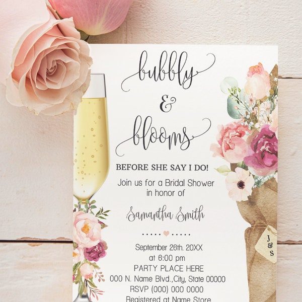 Bubbly and Blooms before they say I do Bridal Shower invitation pink floral boho chic Bubbles & Flowers invite You edit with Corjl W53-103