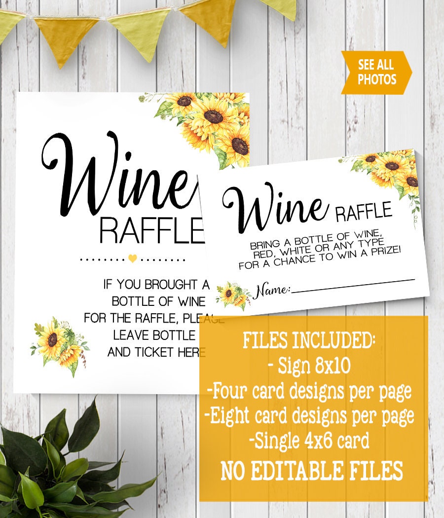 Wine Raffle Tickets & Sign Bridal Shower Stock the Bar Sunflowers Boho ...