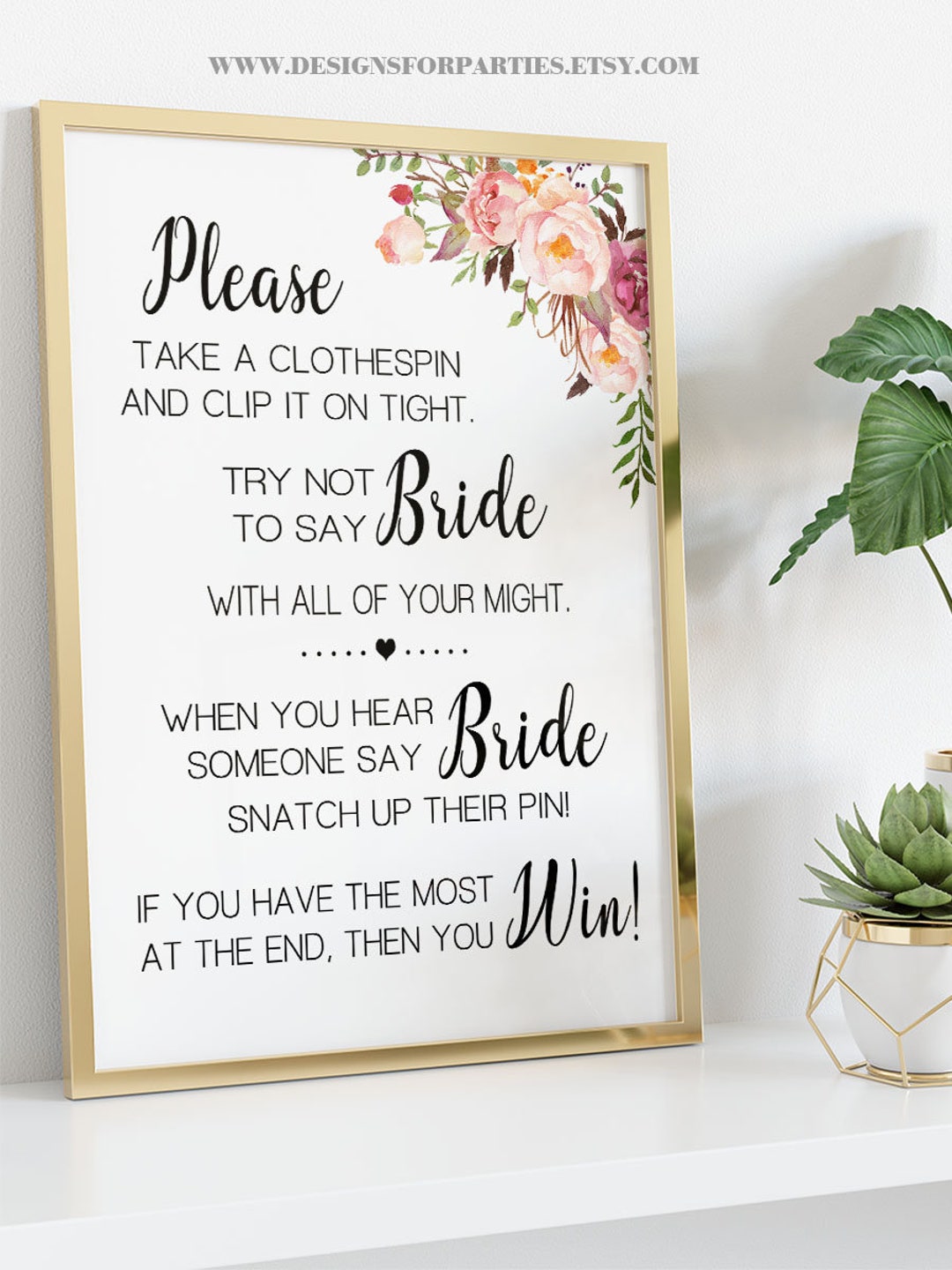Clothespin Game Bridal Shower Don't Say Bride Country Pink Flowers Boho