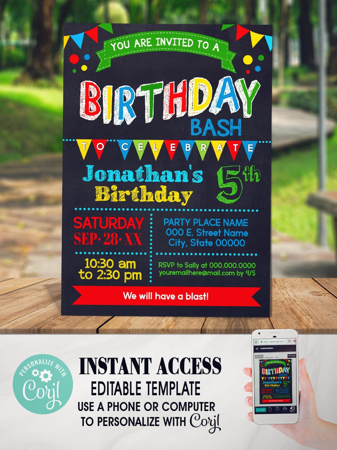 Birthday bash invitation primary colors children chalkboard Etsy