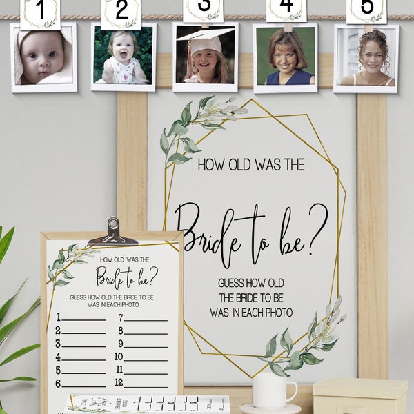 How old was the Bride To be game guess her age bridal shower activity Greenery Gold geometric wedding shower You edit with Corjl 08-GW107