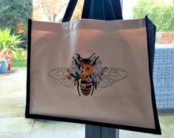 Machine Embroidered Bee & Flowers canvas and Jute shopper Bag - customised Personalised