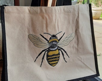 Machine Embroidered Bee canvas and Jute shopper Bag - customised Personalised