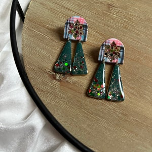 Red, Blue, and Green Plaid Print Polymer Clay Arch Dangle Earrings with Snowflake Window & Multicolor Glitter Dangles; Winter Clay Earrings