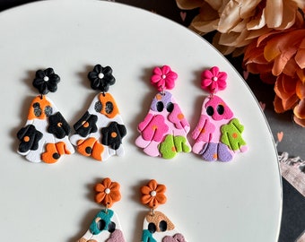 Floral Ghosties handgemaakte polymeerklei oorbellen; Leuke spookoorbellen; Halloween-oorbellen
