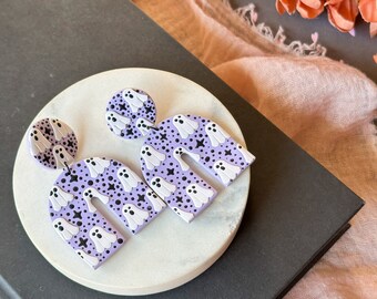 Lavender and White Ghosts Chunky Arch Dangle Polymer Clay Earrings; Spooky Cute Earrings; Halloween Earrings; Clay Ghost Earrings