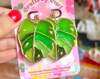 Faux Stained Glass Green Monstera Leaves Handmade Polymer Clay Earrings; Plant Lover Earrings; Leaf Earrings