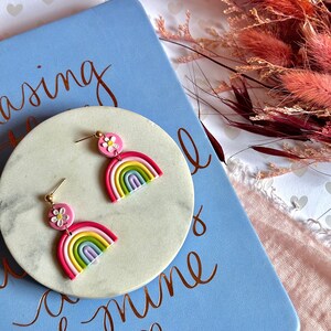 Small Rainbow Arch and Daisy Flower Polymer Clay Earrings with Gold Plated Brass Ball Stud Top; Cute Earrings for Spring; Rainbow Earrings