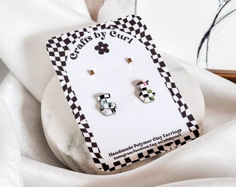 Black Multicolor Marble and White Checkered Print Handmade Polymer Clay Modern Style Micro Small Stud Pack Earrings