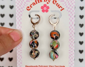 Black Multicolor Marble and White Checkered Print Handmade Polymer Clay Modern Style Stud Pack Earrings; Large Stud Earrings; Statement Stud