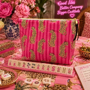 Rosa leopardfärgad Mahjong-kakelväska, 20x30 cm dragkedja, förvaring för spelkvällar