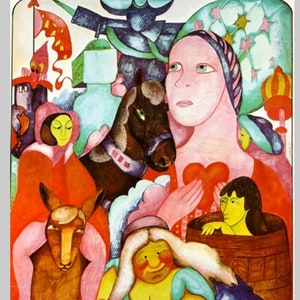 Könnte beinhalten: Farbenfrohes Vintage-Filmplakat für "Jabberwocky". Das Kunstwerk zeigt skurrile Charaktere, darunter eine Frau mit einem herzförmigen Design, ein Pferd und andere Figuren. Das Poster hat oben polnischen Text und den Filmtitel in großen Buchstaben.