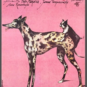 May include: A vintage Polish film poster on a pink background. It depicts a large, spotted dog with a smaller dog riding on its back. The Polish title "Sztuka Kochania" is at the top, with additional text in Polish.