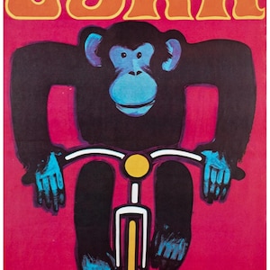 Affe auf dem Fahrrad Original 1980 Polnischer Zirkus Cyrk Poster von Wiktor Gorka Kinder Schlafzimmer Wanddekoration Geschenk von Polish Poster Studio