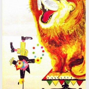 Lion and Clown Original 1970s Polish Circus Poster by Stanislaw Miedza-Tomaszewski