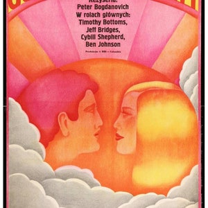 May include: A vintage movie poster in Polish, featuring a couple facing each other against a backdrop of a stylized sun and clouds. The poster has text in Polish, including the title "Ostatni Seans Filmowy" and the names of the director and actors.