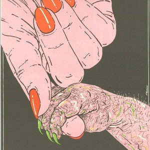 May include: A film poster for "Rosemary's Baby" shows a large pink hand with orange nails grasping a smaller, hairy hand with green claws. The Polish title "Dziecko Rosemary" is at the bottom.