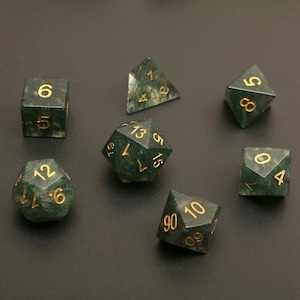 Moss Glass DND Dice Set: Engraved Number Gemstone Dice
