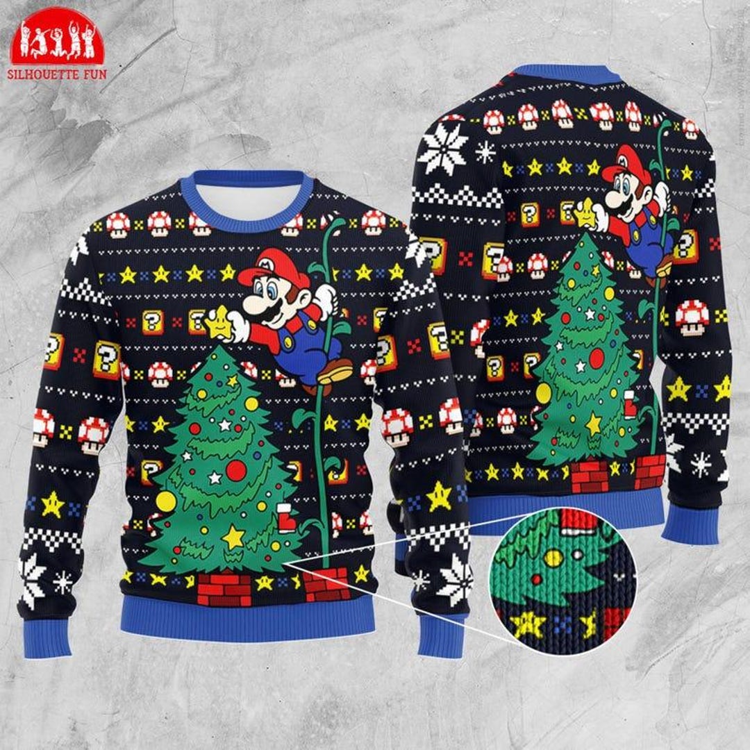 Mario Bros Ugly Christmas Sweater, Super Mario Christmas Tree Sweater