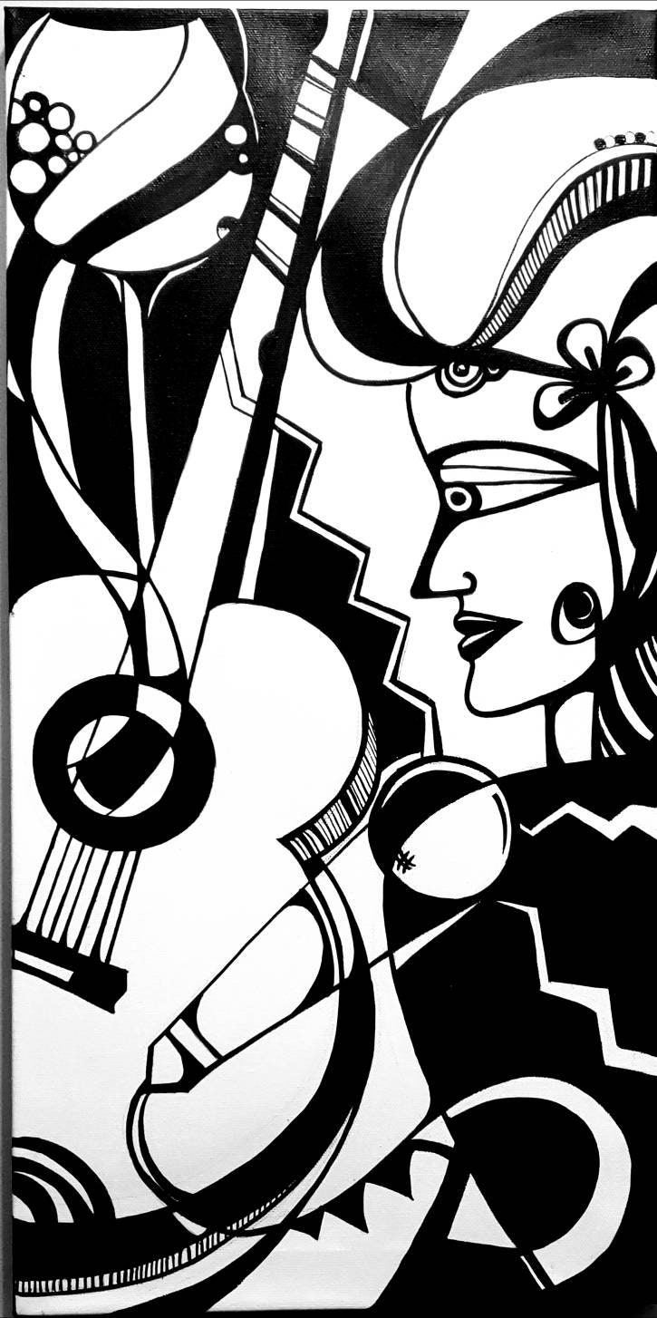 Original Abstract Painting, Black and White Framed Canvas ,cubism