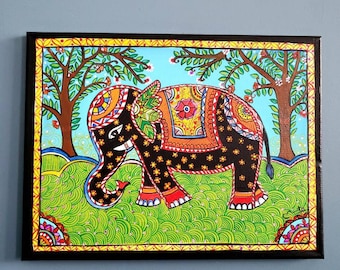 Original Madhubani elephant painting ,wall art, wall decor ,indian traditional folk art ,tree of life ,Madhubani on canvas,baby ganesha