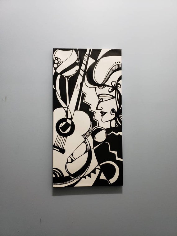 Original Abstract Painting, Black and White Framed Canvas ,cubism