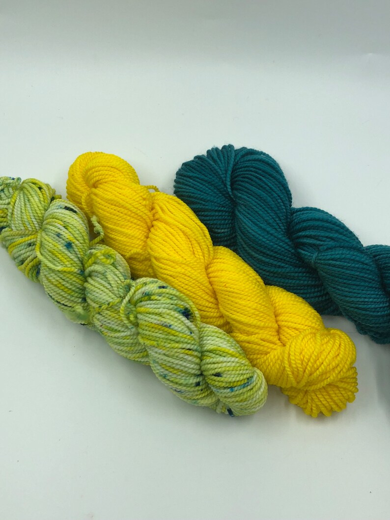 Hand Dyed 3 Mini Skeins Set Golden Forest Walk Sock Yarn Bundle 85 Superwash Merino 15 Nylon Indie Dyer Bild 3