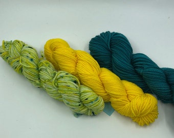 Hand Dyed 3 Mini Skeins Set Golden Forest Walk Sock Yarn Bundle 85 Superwash Merino 15 Nylon Indie Dyer