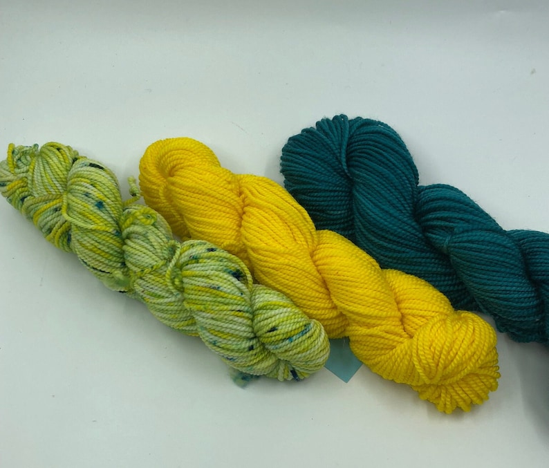 Hand Dyed 3 Mini Skeins Set Golden Forest Walk Sock Yarn Bundle 85 Superwash Merino 15 Nylon Indie Dyer Bild 1