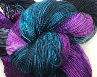 Hand Dyed Sock Yarn Teal Purple Twisted Jumble 4ply 75 Superwash Merino 25 Nylon 430 Yards Indie Dyer