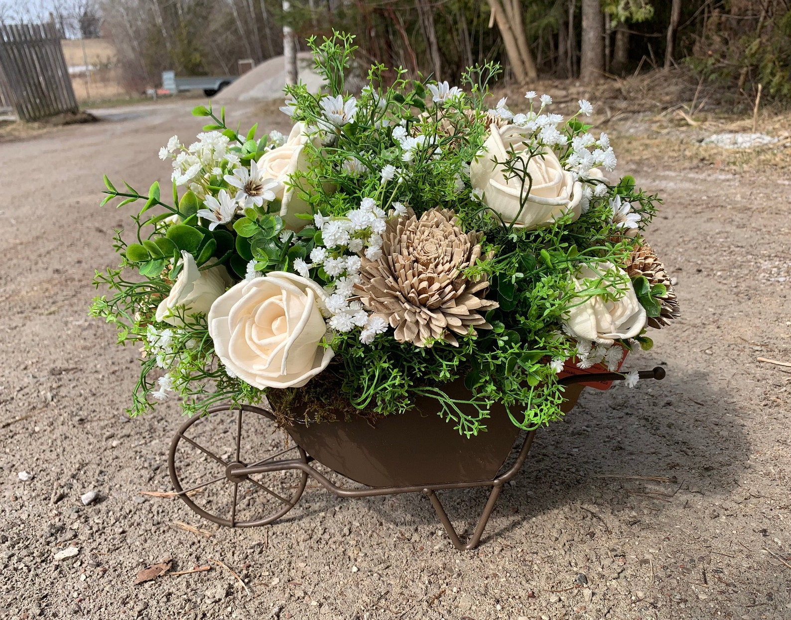 Flower Wheelbarrow Arrangement White and Bark/raw Flower Etsy