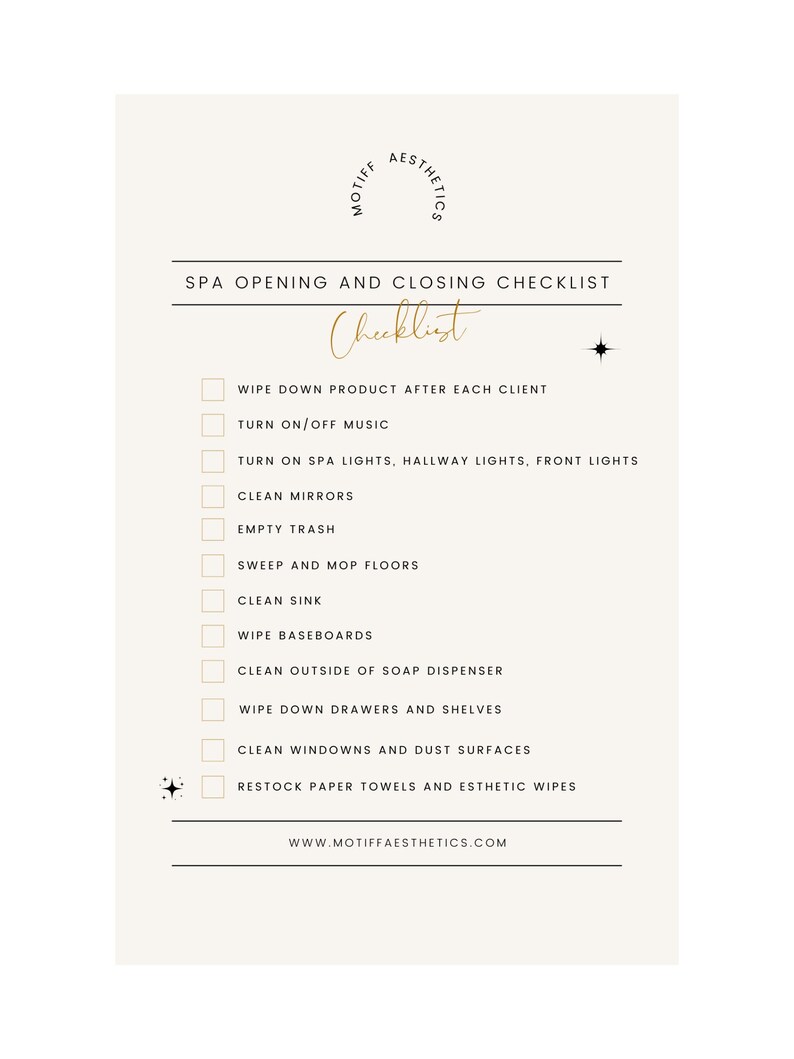 Esthetician Spa Opening and Closing Checklist Downloadable Etsy
