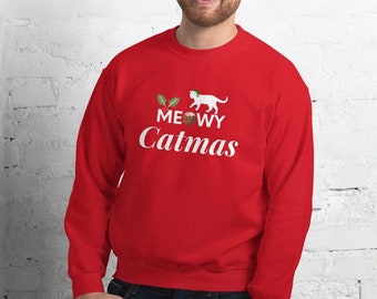Meowy Catmas Sweater, Meowy Christmas Shirt Sweater Weather, Christmas Gift for Cat Mom Dad, Gift for Cat Lover, Christmas Ugly Sweater