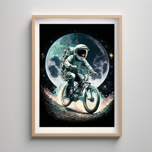 Astronaut Driving Bicycle in the moon Wall Art / Retro Space Poster / Astronaut In Space / Space Gifts Vintage Retro Poster Digital Download