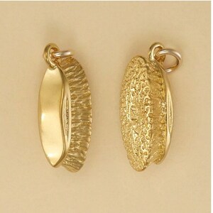 May include: Two gold-colored charms in the shape of a seed pod. The charms have a textured surface and a loop for attaching to a necklace or bracelet.