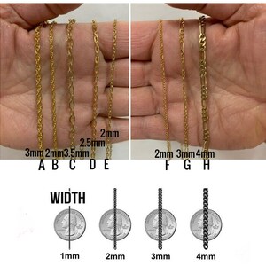 May include: Close-up of eight gold chains of different widths, laid out side-by-side on a hand. The chains are labeled with their widths in millimeters: 3mm, 2mm, 3.5mm, 2.5mm, 2mm, 3mm, and 4mm. Below the chains are four US quarter coins, each with a chain laid across it to show the width of the chain in comparison to the coin.