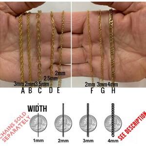 May include: Several gold-coloured chain necklaces in various styles and widths, including rope, oval link, and Figaro chains. The image also shows chain width comparisons next to a UK coin.